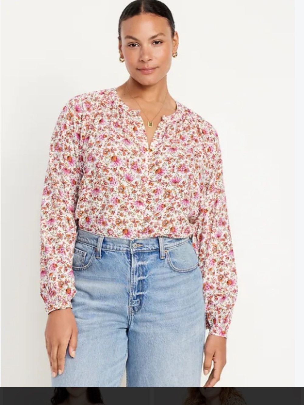 love, Fire Pink & White Floral Split-Neck Long Sleeve Blouse